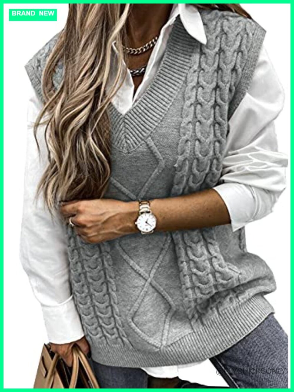Oversized Cable Knit Sweater Vest V Neck Sleeveless Pullover